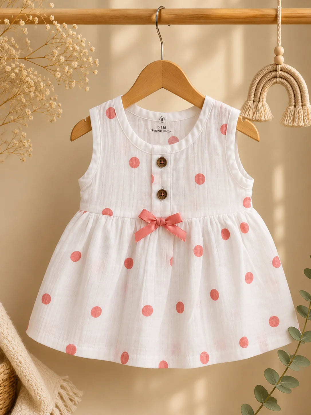 Red polka dots muslin frock jabla