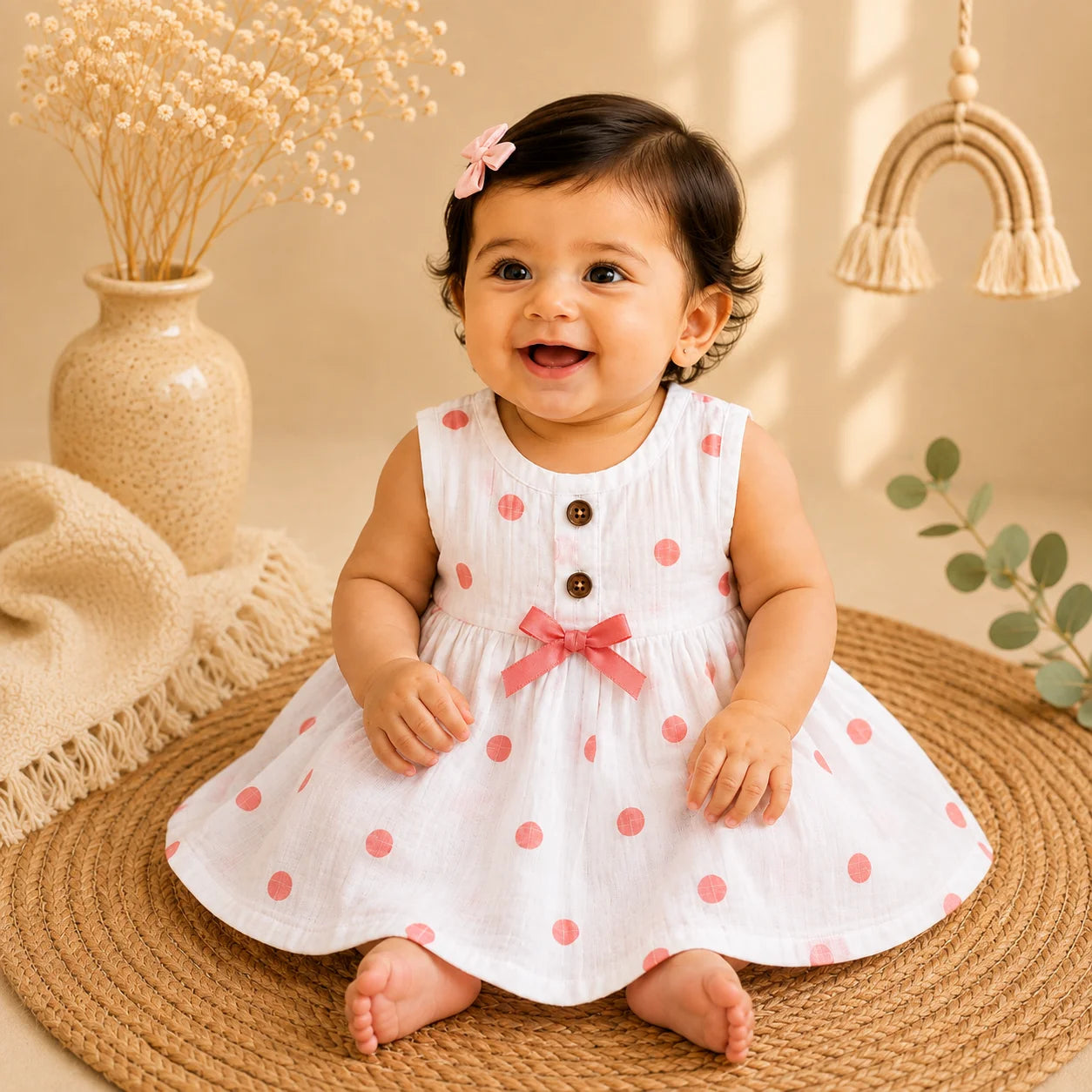 Red polka dots muslin frock jabla